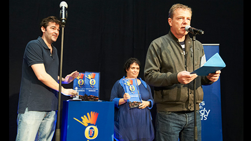 Suggs announcing the Winner of Best Newcomer